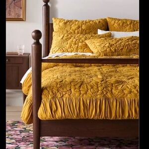 Anthropologie Yellow Floral Cotton King Quilt with Shams